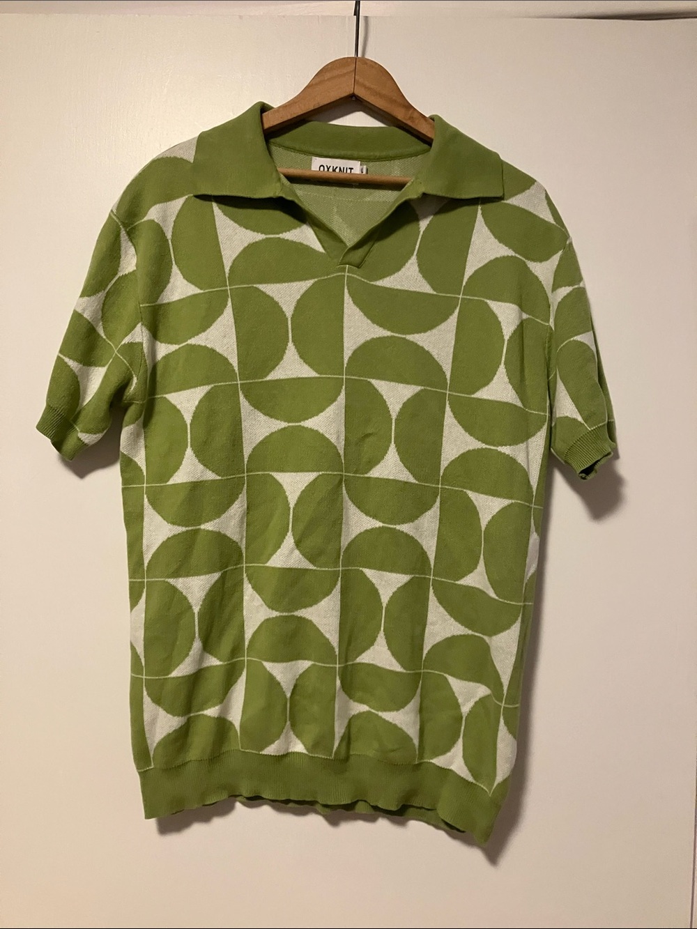 Green Geometric Knit Polo Shirt by OXKNIT 100 Cotton Like New